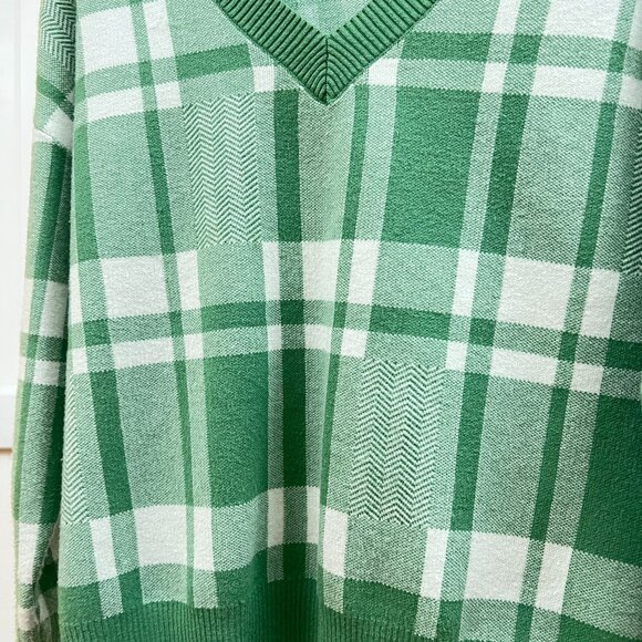 Christian Siriano Green White Plaid V-Neck Pullover Sweater Womens Large - Picture 4 of 9